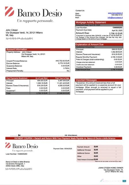 Download Italy Banco di Desio e della Brianza mortgage statement Word and PDF template Photoshop template